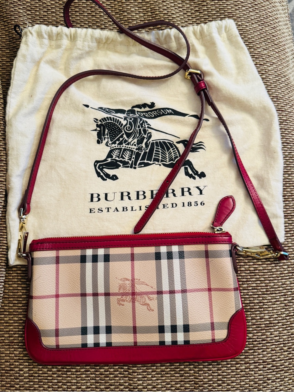 Burberry Beige Check Crossbody with Red Trim